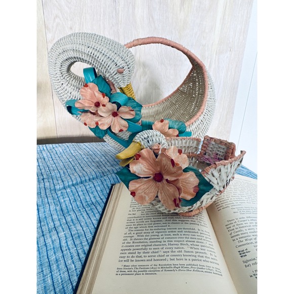 Vintage Wicker Swan Basket Hand Painted Floral Decorative Storage Cottagecore